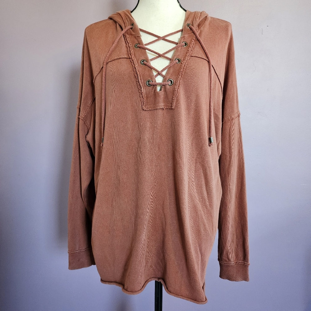 Lace-Up Hooded Pullover Top - Rust